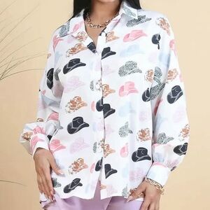 Women's Blouse with cowboy Hat Print- size small but oversized fit